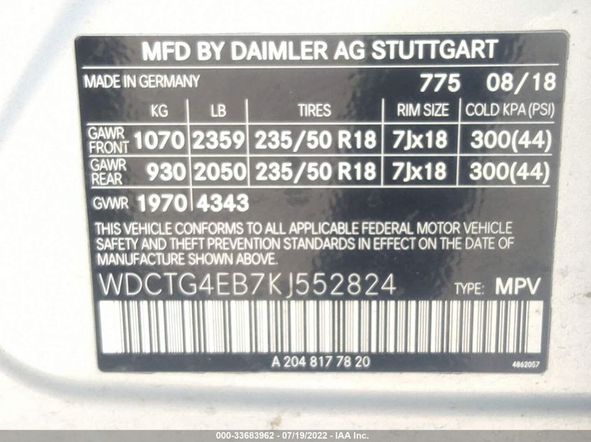 2019 MERCEDES-BENZ GLA GLA 250 WDCTG4EB7KJ552824