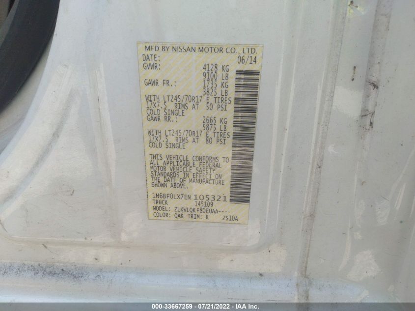 2014 NISSAN NV CARGO NV2500 HD S V6 1N6BF0LX7EN105321
