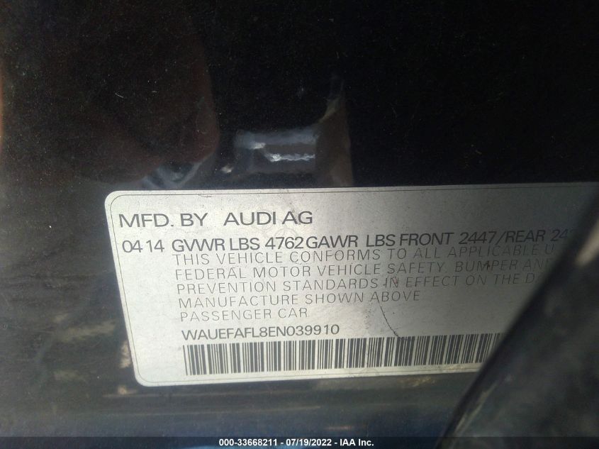 2014 AUDI A4 PREMIUM PLUS WAUEFAFL8EN039910