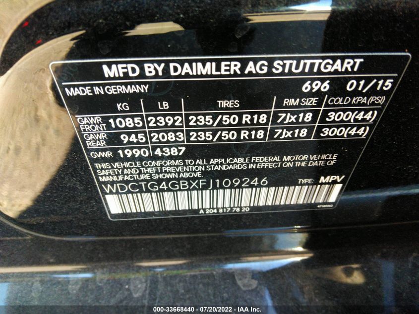 2015 MERCEDES-BENZ GLA-CLASS GLA 250 WDCTG4GBXFJ109246