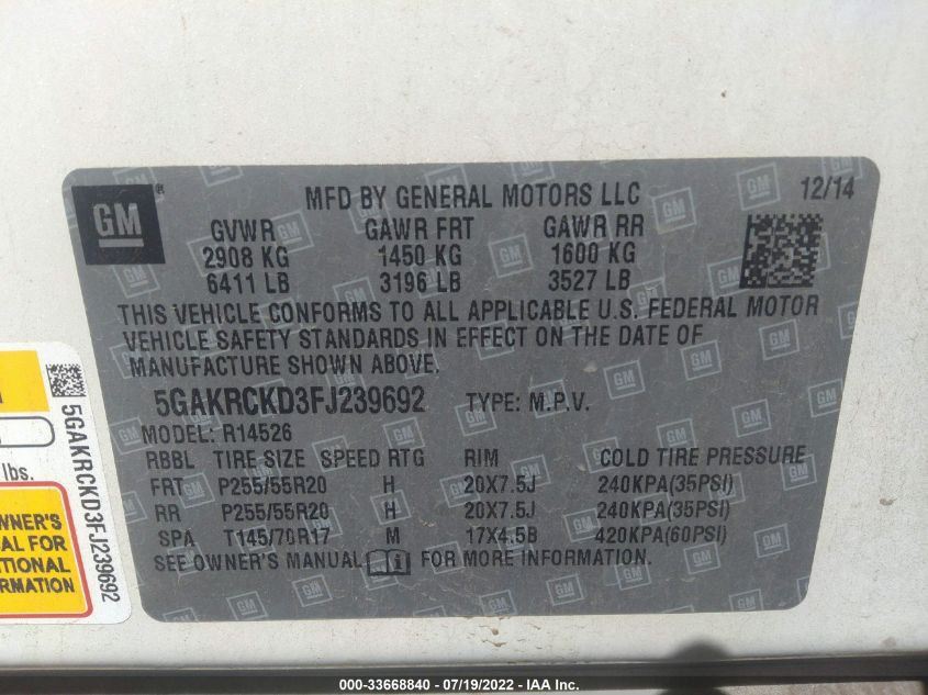 2015 BUICK ENCLAVE PREMIUM 5GAKRCKD3FJ239692
