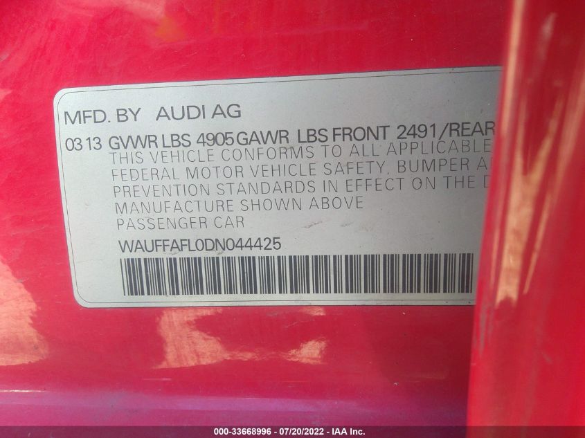 2013 AUDI A4 PREMIUM PLUS WAUFFAFL0DN044425