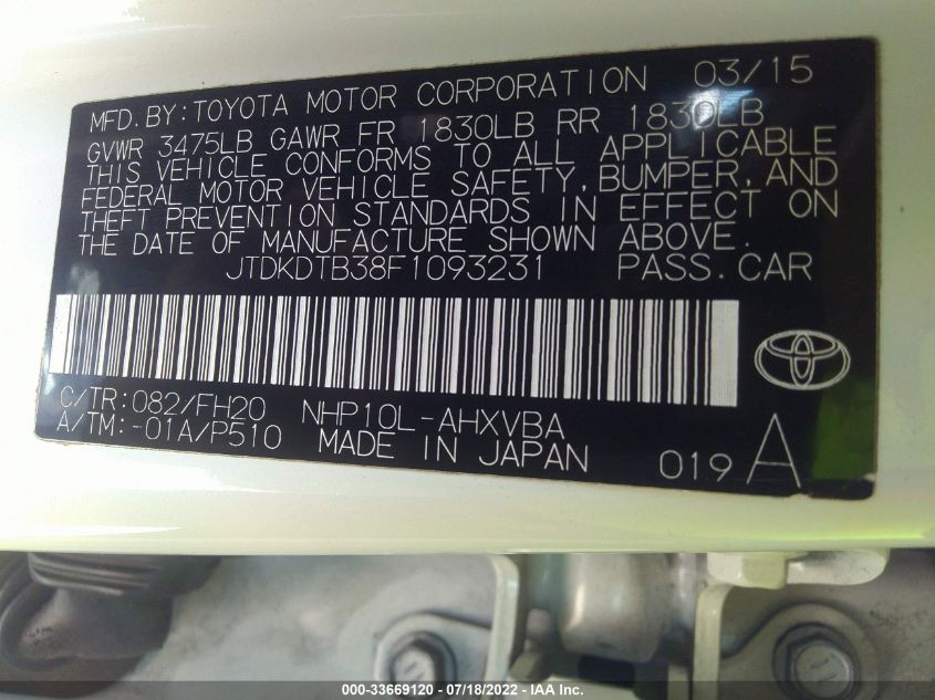 2015 TOYOTA PRIUS C ONE/TWO/THREE/FOUR JTDKDTB38F1093231