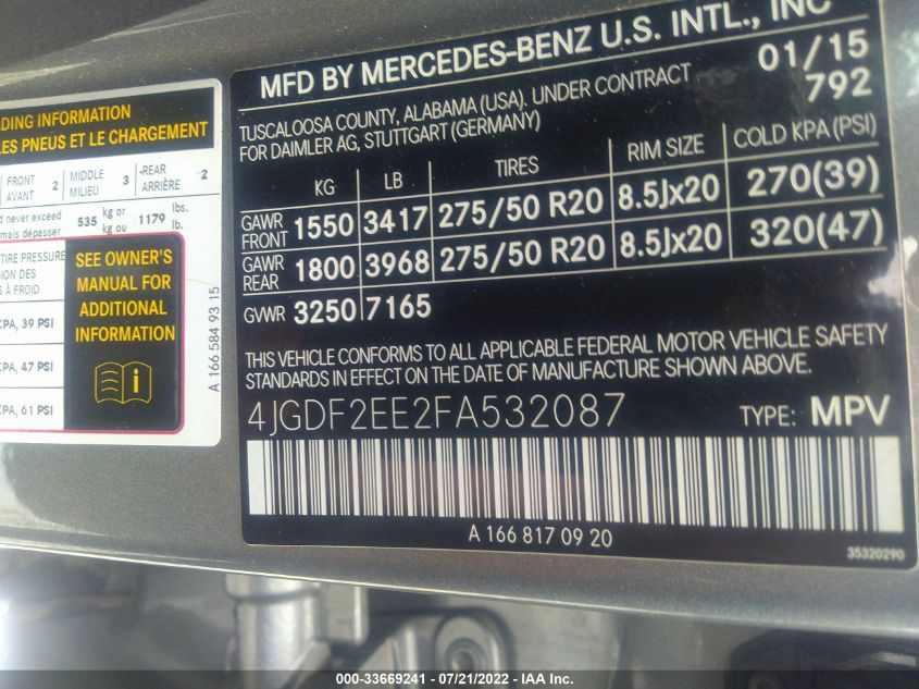 2015 MERCEDES-BENZ GL-CLASS GL 350 BLUETEC 4JGDF2EE2FA532087