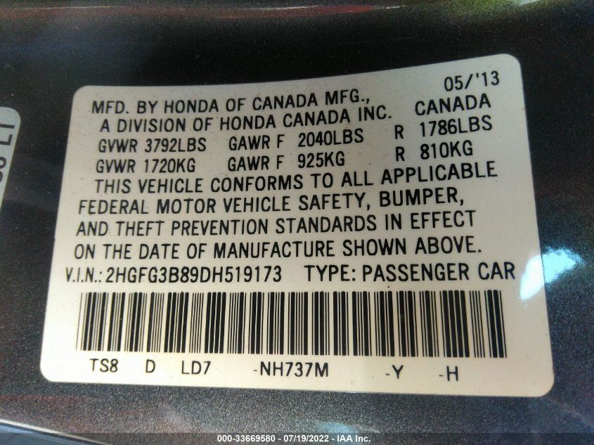 2013 HONDA CIVIC CPE EX 2HGFG3B89DH519173