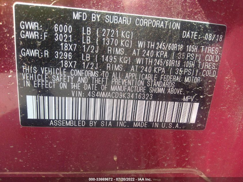 2019 SUBARU ASCENT PREMIUM 4S4WMACD9K3416323