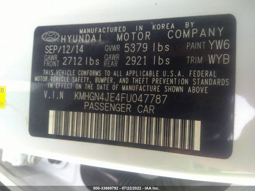 2015 HYUNDAI GENESIS 3.8L KMHGN4JE4FU047787