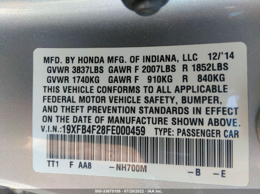 2015 HONDA CIVIC SEDAN NATURAL GAS 19XFB5F58FE000459