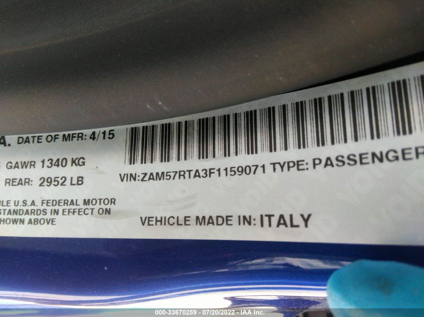 2015 MASERATI GHIBLI S Q4 ZAM57RTA3F1159071