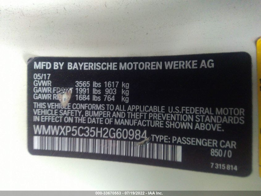 2017 MINI HARDTOP 2 DOOR COOPER WMWXP5C35H2G60984