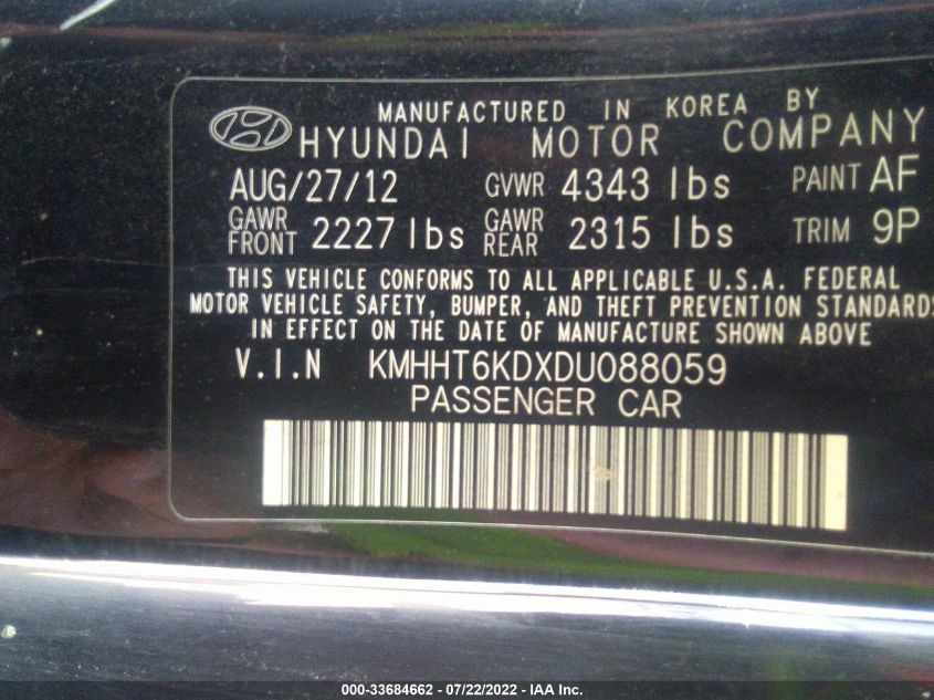 2013 HYUNDAI GENESIS COUPE 2.0T KMHHT6KDXDU088059