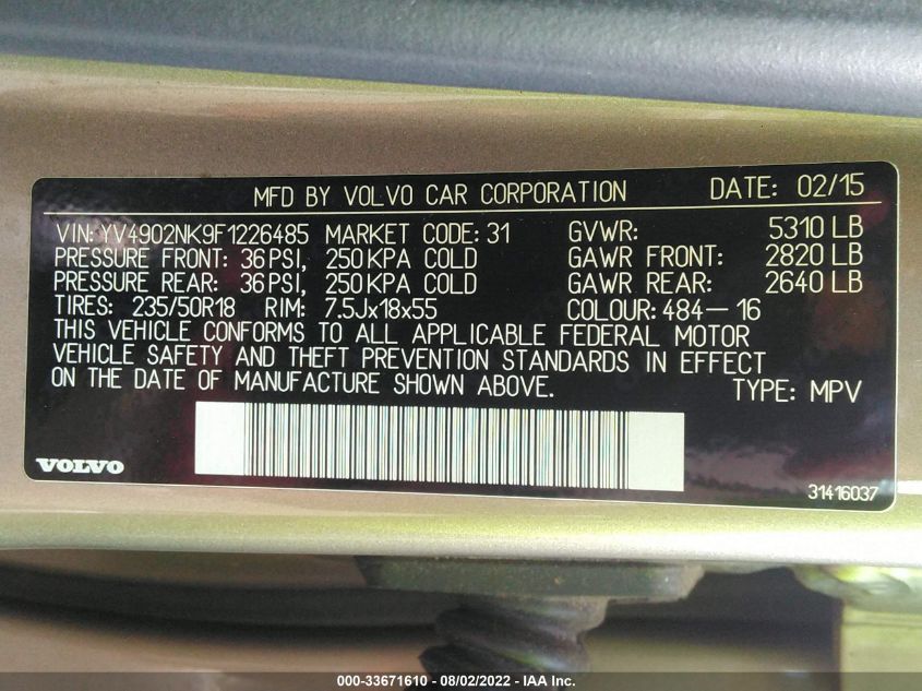 2015 VOLVO XC70 T6/PREMIER YV4902NK9F1226485