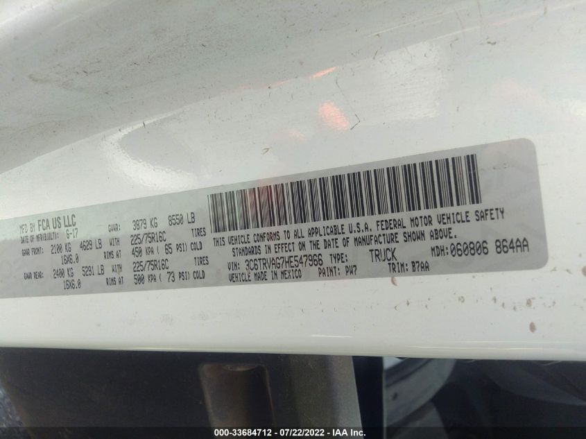 2017 RAM PROMASTER CARGO VAN 3C6TRVAG7HE547966