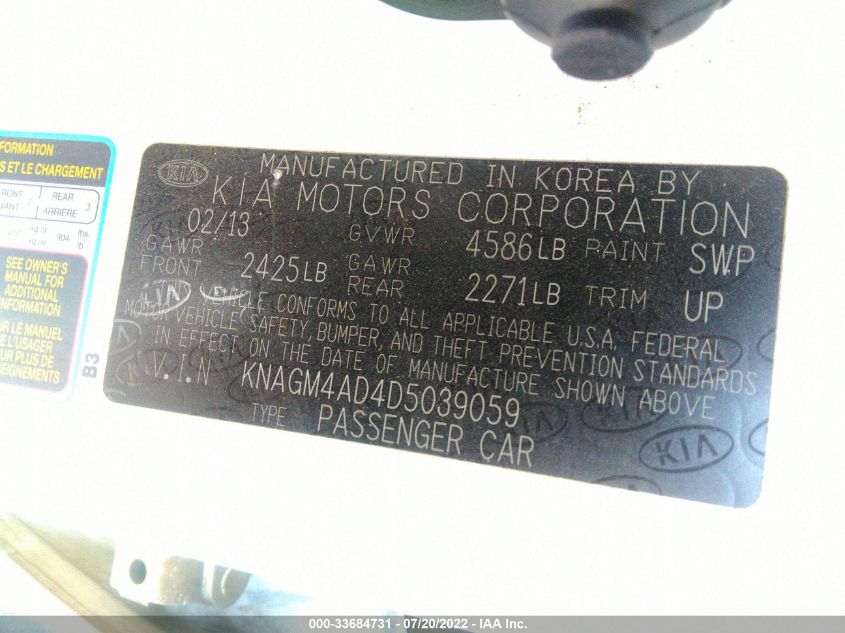 2013 KIA OPTIMA HYBRID LX KNAGM4AD4D5039059