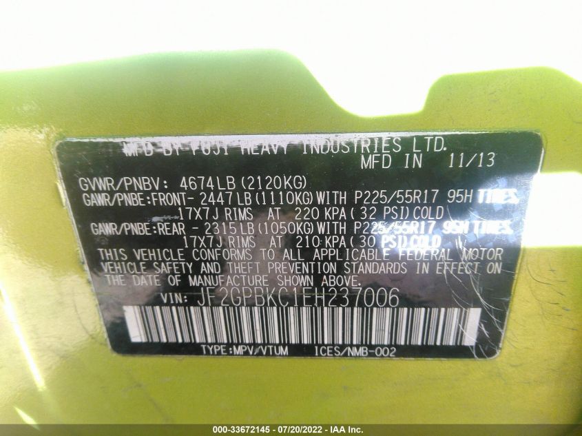 2014 SUBARU XV CROSSTREK HYBRID 2.0I HYBRID TOURING JF2GPBKC1EH237006
