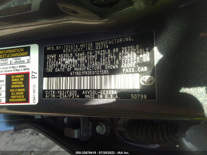 2014 TOYOTA CAMRY HYBRID LE/XLE/SE LIMITED EDITION 4T1BD1FK0EU121585