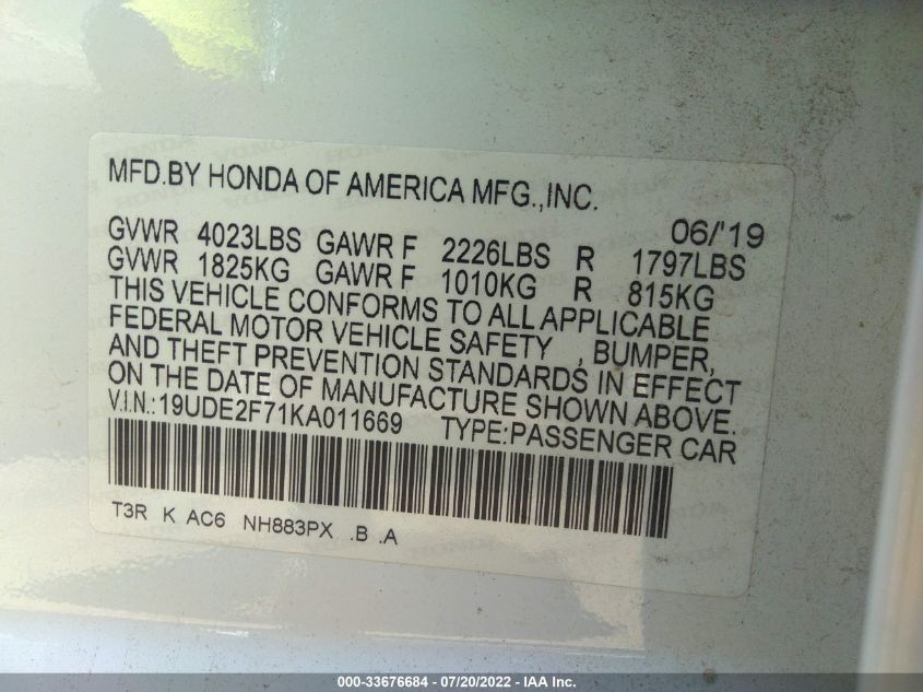 2019 ACURA ILX PKG 19UDE2F71KA011669