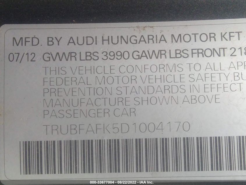 2013 AUDI TT 2.0T PREMIUM PLUS TRUBFAFK5D1004170