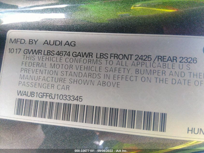 2018 AUDI S3 PREMIUM PLUS WAUB1GFF6J1033345
