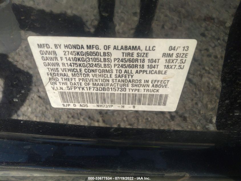 2013 HONDA RIDGELINE SPORT 5FPYK1F73DB015730