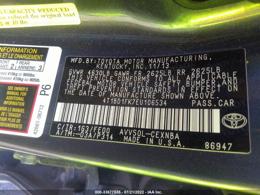 2014 TOYOTA CAMRY HYBRID LE/XLE/SE LIMITED EDITION 4T1BD1FK7EU106534