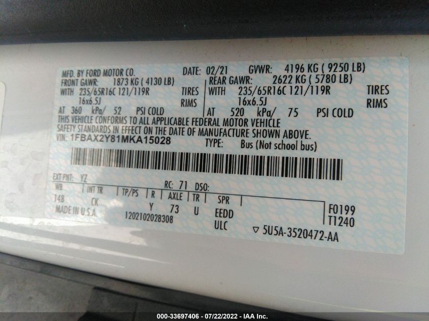 2021 FORD TRANSIT PASSENGER WAGON XL/XLT 1FBAX2Y81MKA15028