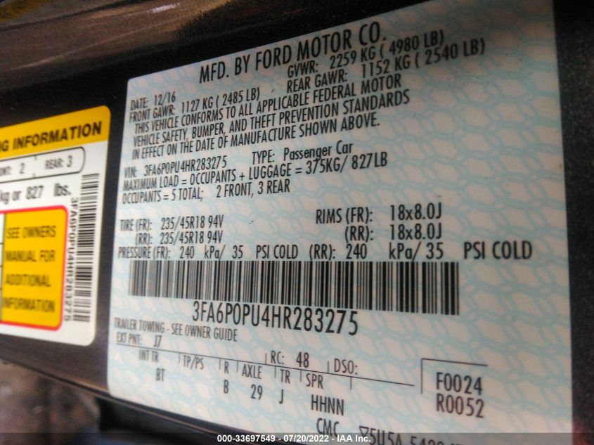 2017 FORD FUSION ENERGI SE 3FA6P0PU4HR283275