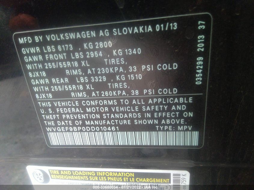 2013 VOLKSWAGEN TOUAREG SPORT WVGEF9BP0DD010461