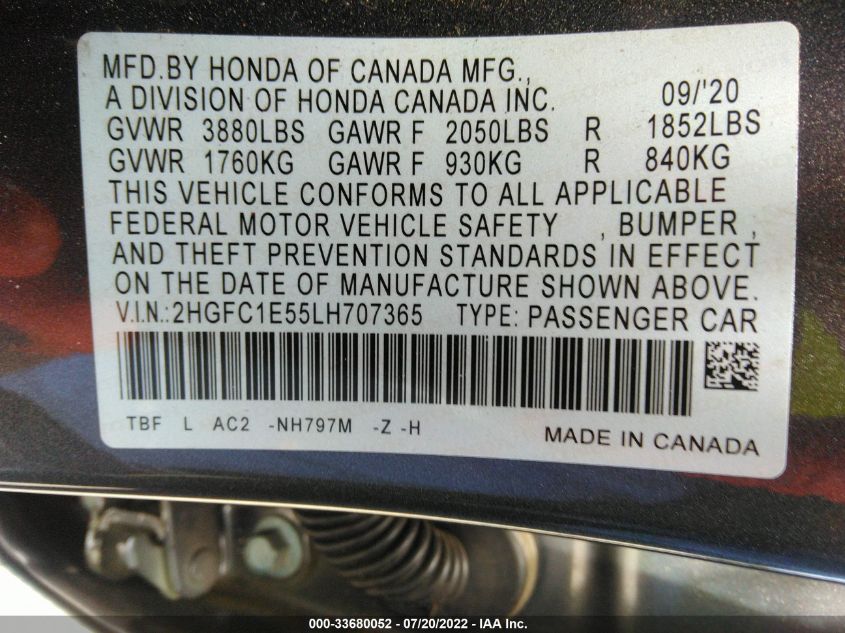 2020 HONDA CIVIC SI SEDAN 2HGFC1E55LH707365