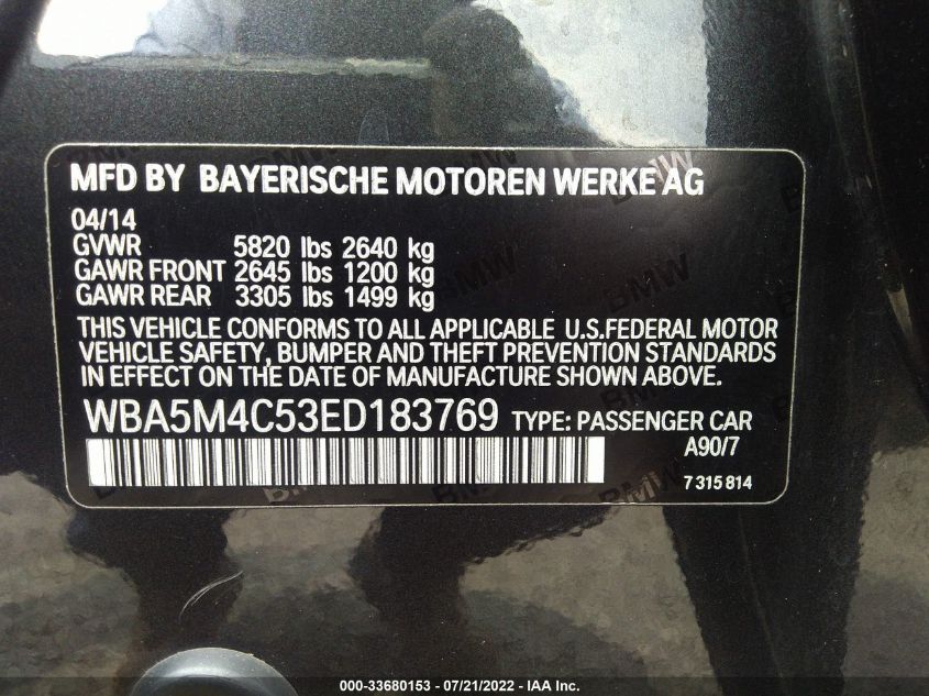 2014 BMW 5 SERIES GRAN TURISMO 535I XDRIVE WBA5M4C53ED183769