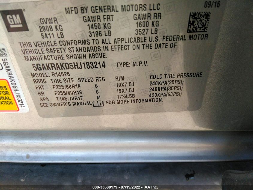 2017 BUICK ENCLAVE CONVENIENCE 5GAKRAKD5HJ183214