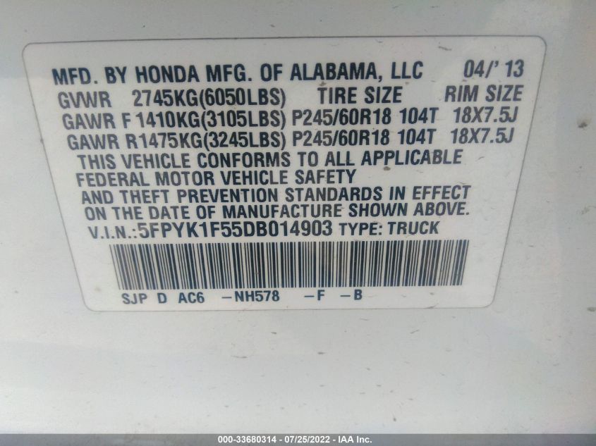 2013 HONDA RIDGELINE RTL 5FPYK1F55DB014903