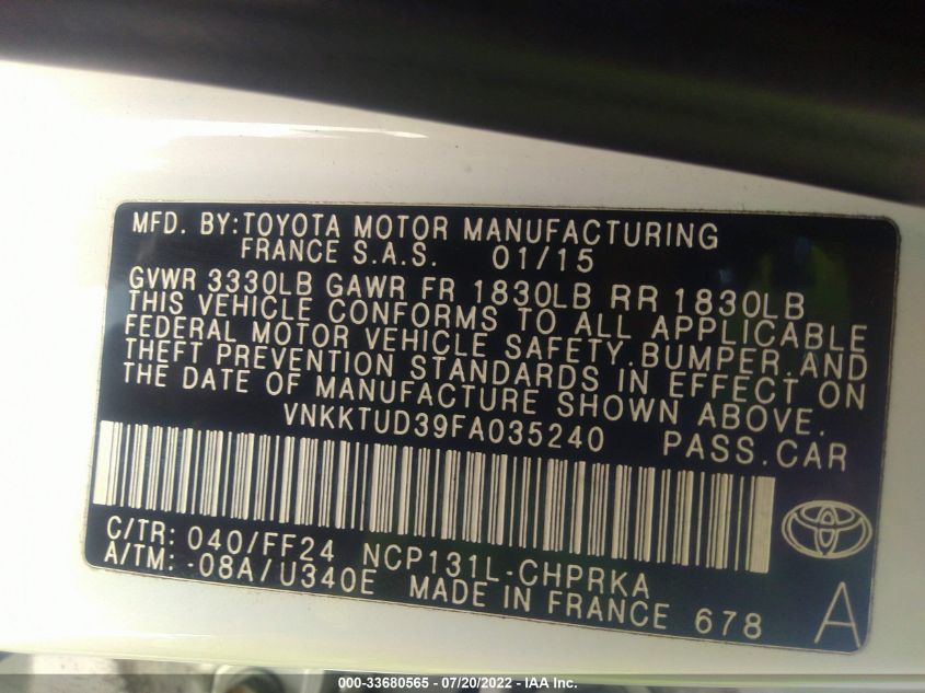 2015 TOYOTA YARIS L/SE/LE VNKKTUD39FA035240