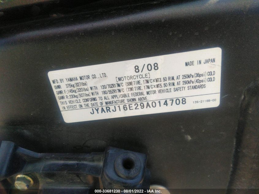 2009 YAMAHA YZFR6 JYARJ16E29A014708