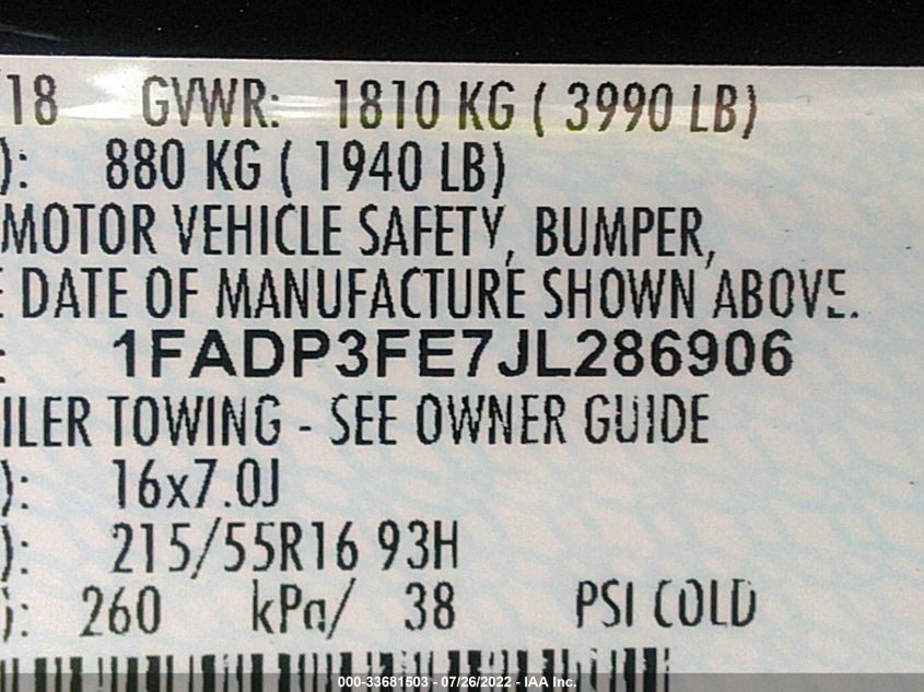 2018 FORD FOCUS SE 1FADP3FE7JL286906