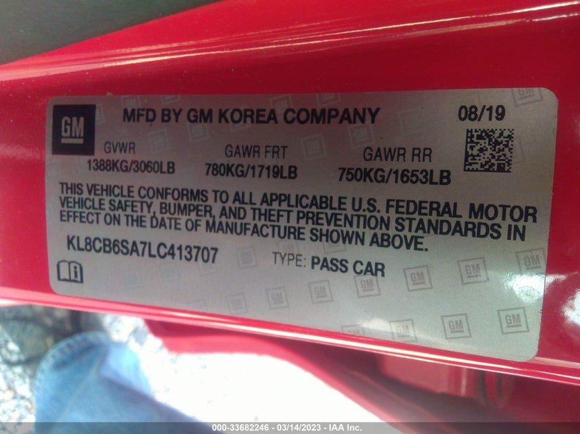 VIN KL8CB6SA7LC413707 2020 CHEVROLET SPARK LS