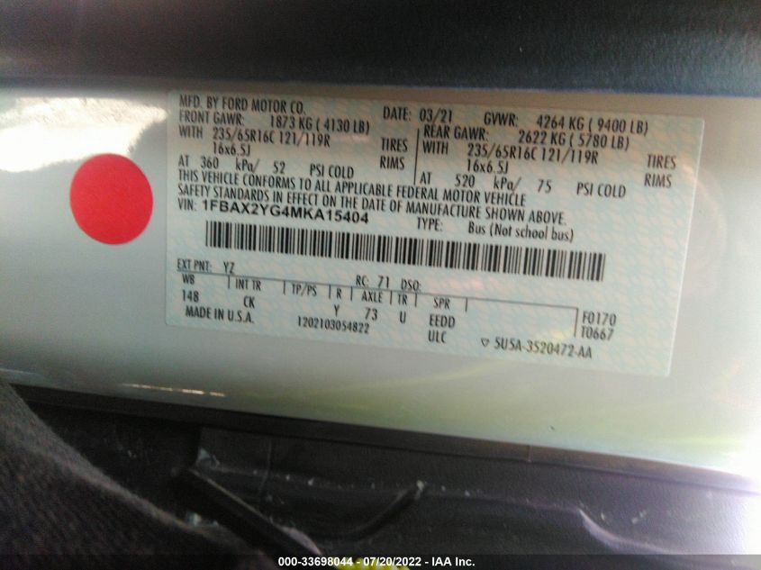 2021 FORD TRANSIT PASSENGER WAGON XL/XLT 1FBAX2YG4MKA15404
