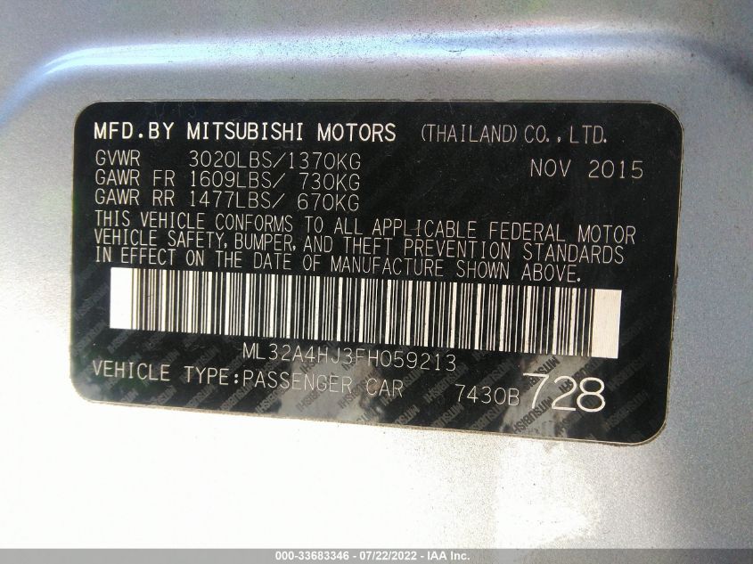 2015 MITSUBISHI MIRAGE ES/RF ML32A4HJ3FH059213