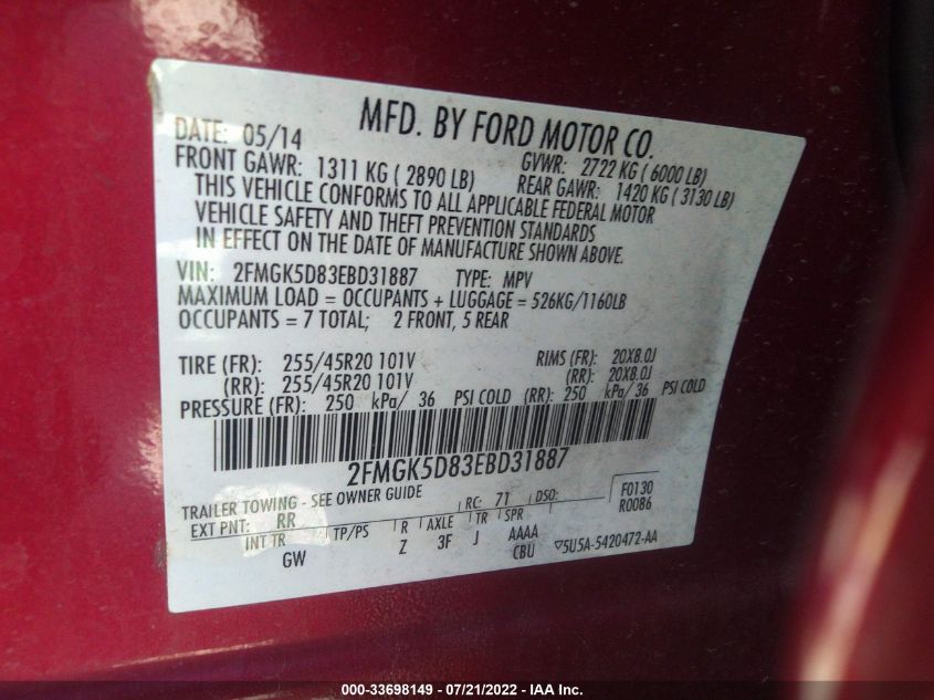 2014 FORD FLEX LIMITED 2FMGK5D83EBD31887
