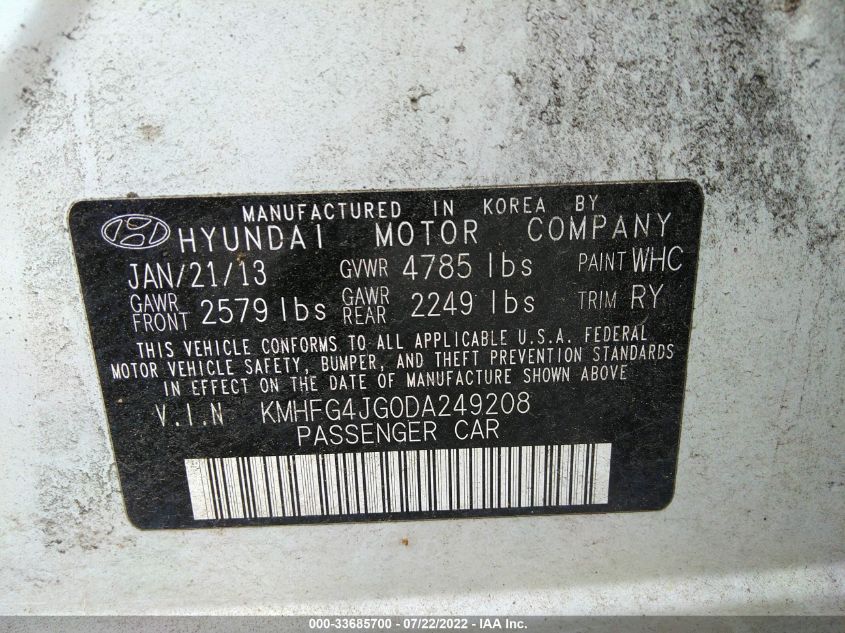 2013 HYUNDAI AZERA KMHFG4JG0DA249208