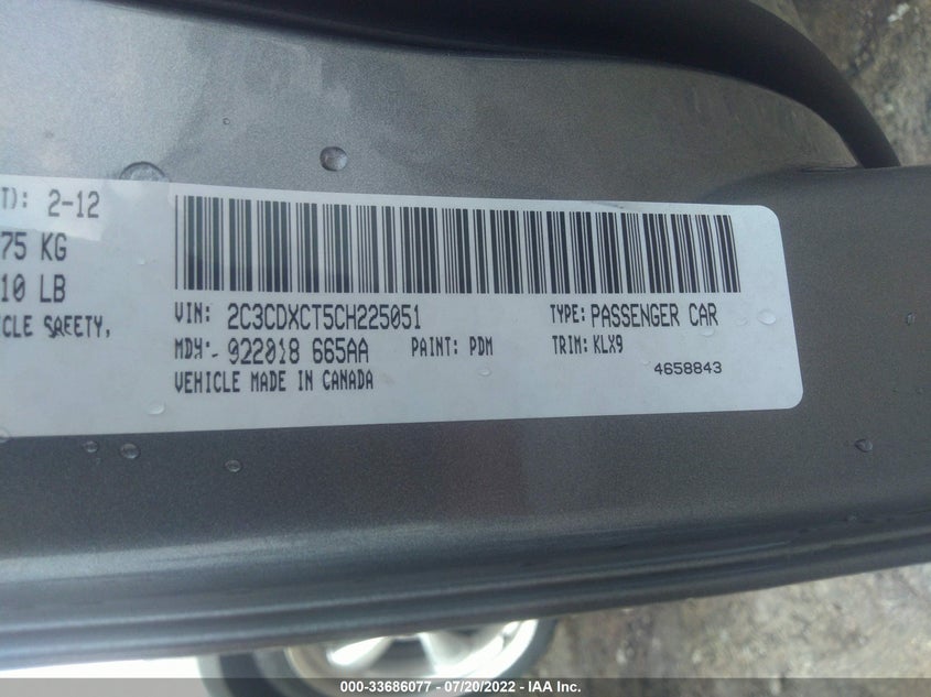 2012 DODGE CHARGER VIN: 2C3CDXCT5CH225051