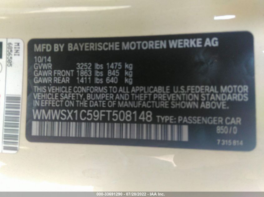 2015 MINI COOPER COUPE WMWSX1C59FT508148