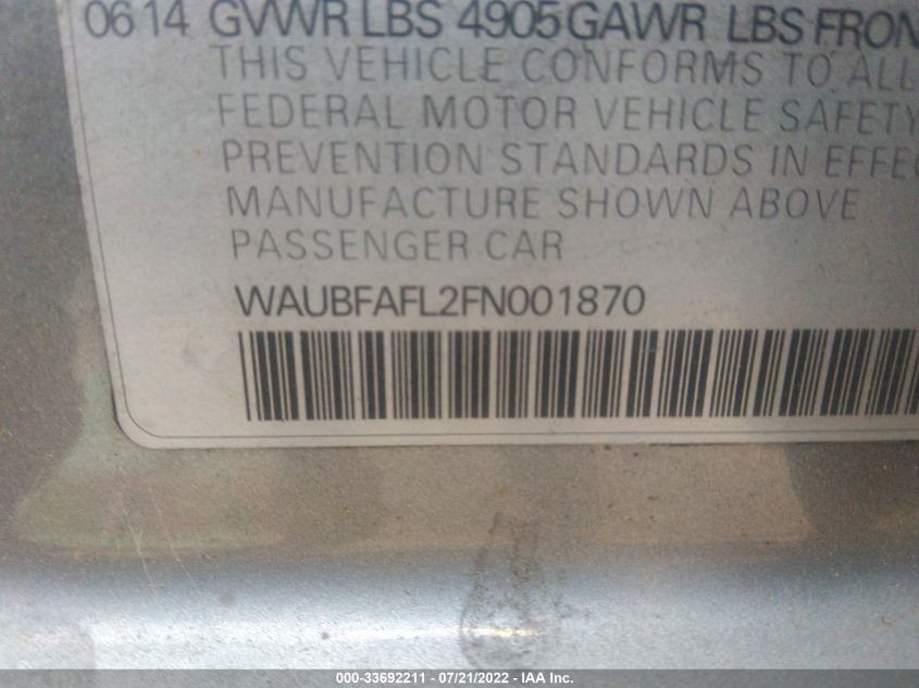 2015 AUDI A4 PREMIUM WAUBFAFL2FN001870