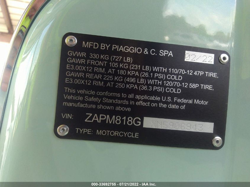 2022 VESPA PRIMAVERA ZAPM818GXN5906943