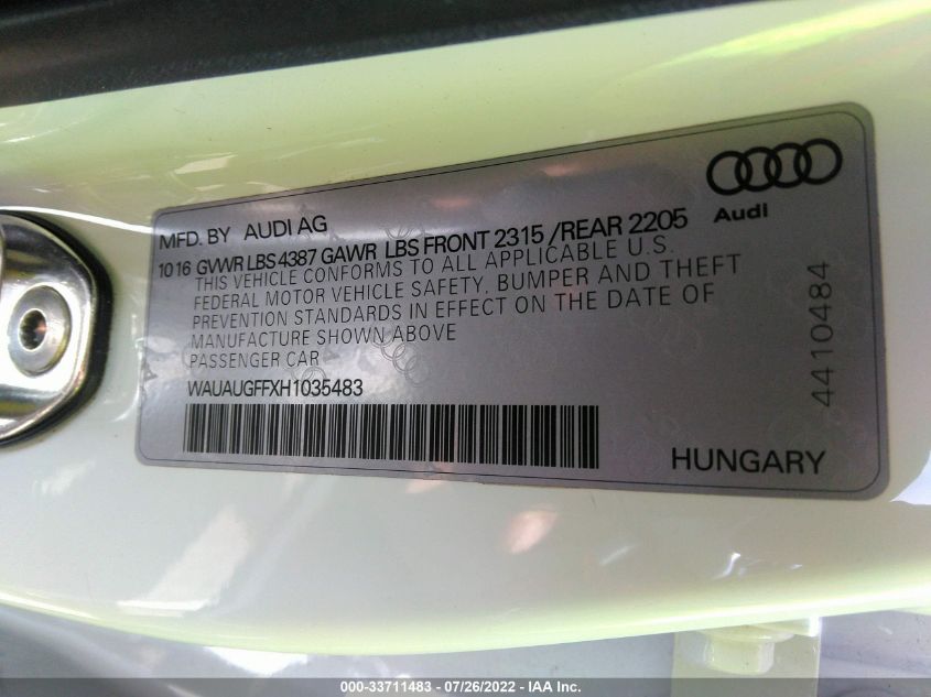 2017 AUDI A3 SEDAN PREMIUM WAUAUGFFXH1035483
