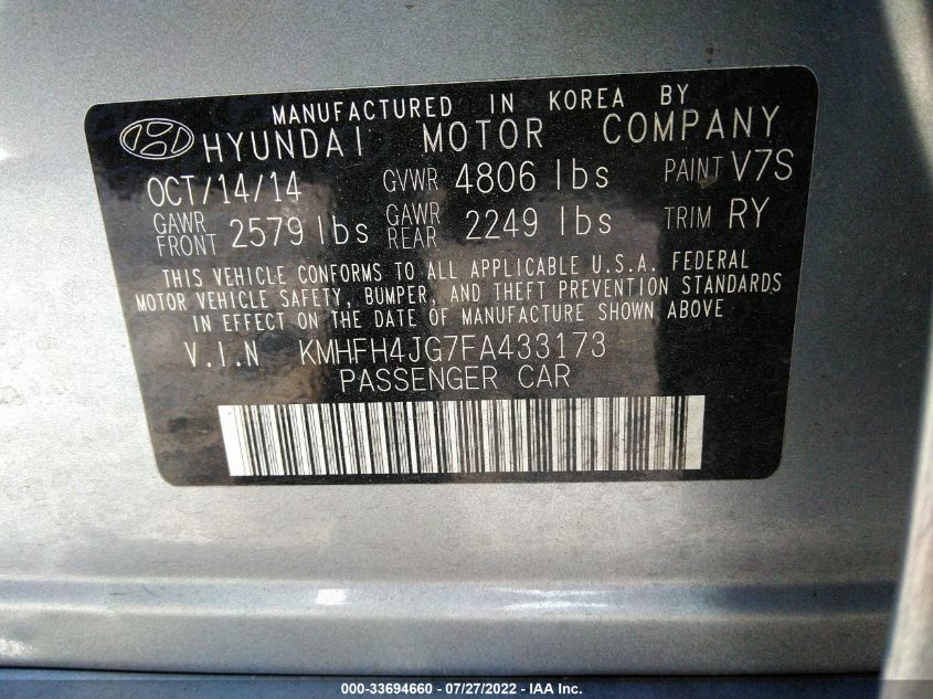 2015 HYUNDAI AZERA KMHFH4JG7FA433173
