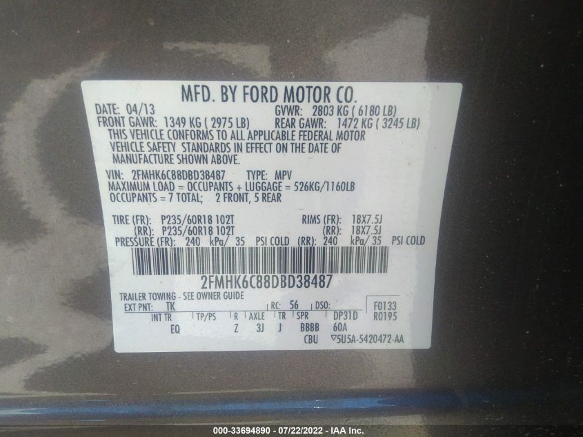 2013 FORD FLEX SEL 2FMHK6C88DBD38487