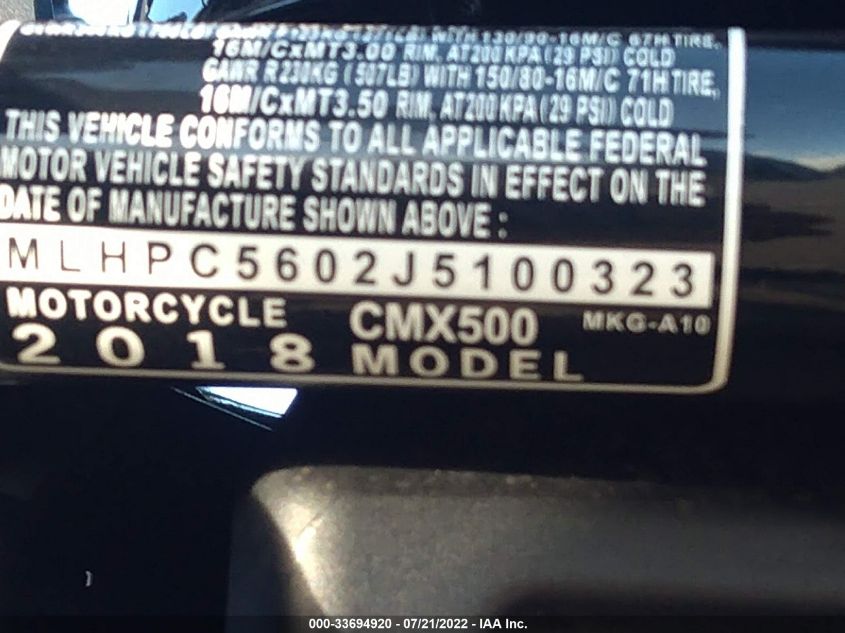 2018 HONDA CMX500 MLHPC5602J5100323