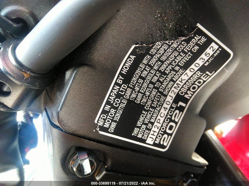 2021 HONDA CBR600 RA JH2PC40J2MK700352