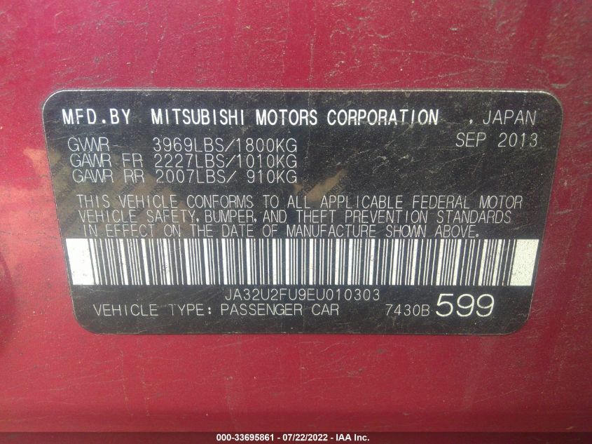 2014 MITSUBISHI LANCER ES JA32U2FU9EU010303
